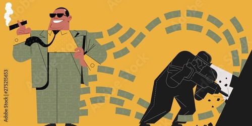 businessman in a suit of money, and a worker with a jackhammer, a social caricature.