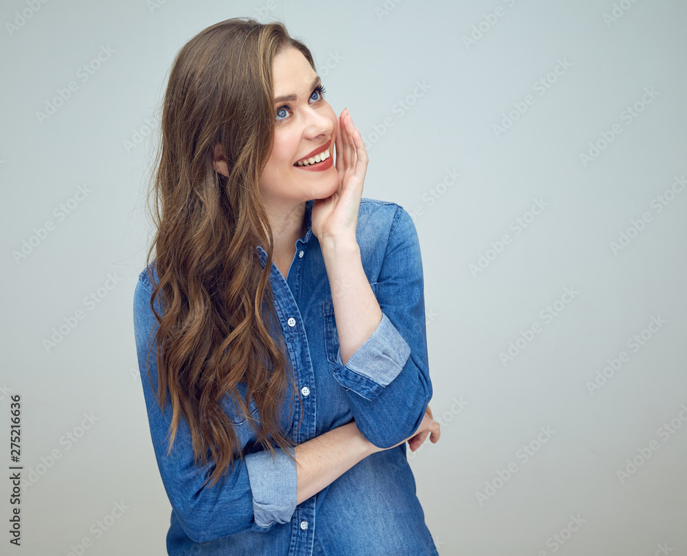 smiling woman think and looking at side. smiling woman think and looking at side.