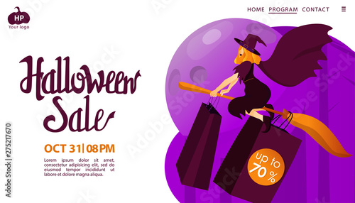 Halloween holiday greeting invitation to sale. Witch flying on a scare space abstract background.  Landing page template. Vector illustration. Trick or Treat Concept.