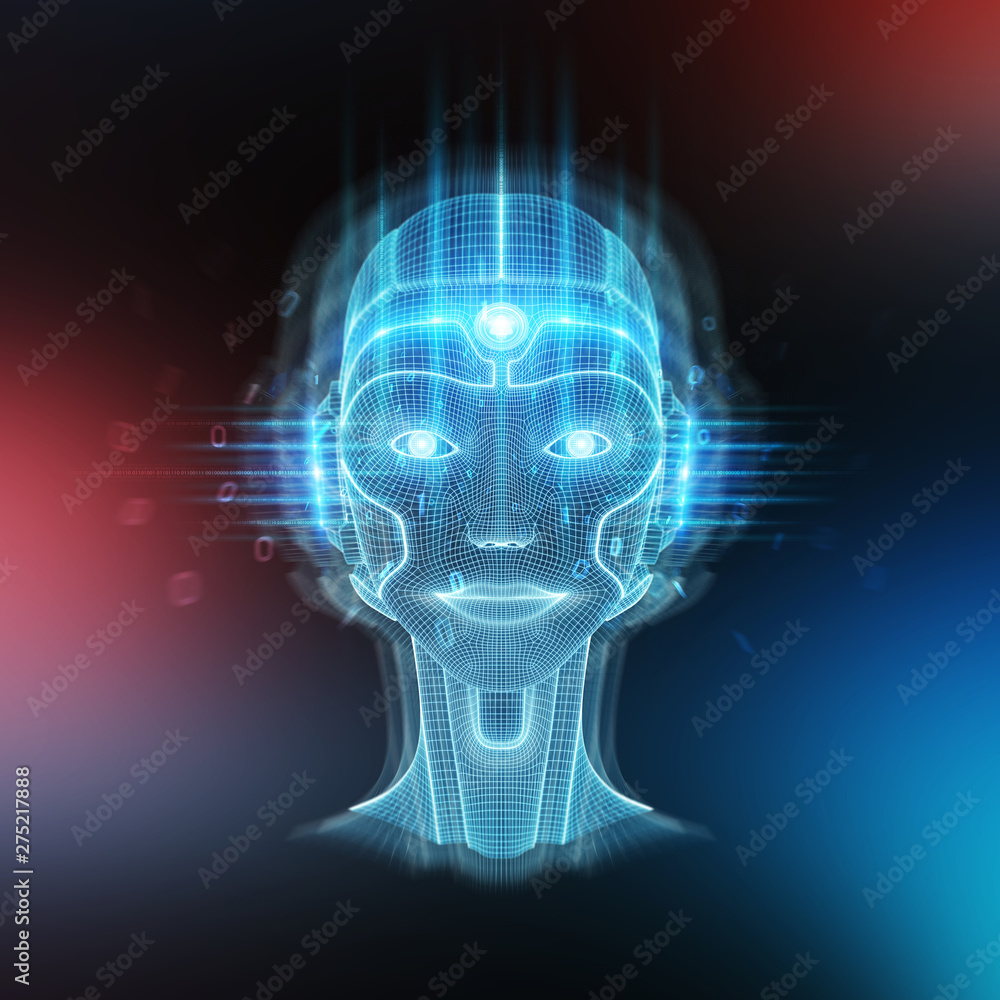 Intelligent machine with a robotic cyborg head concept 3D rendering Intelligent machine with a robotic cyborg head concept 3D rendering