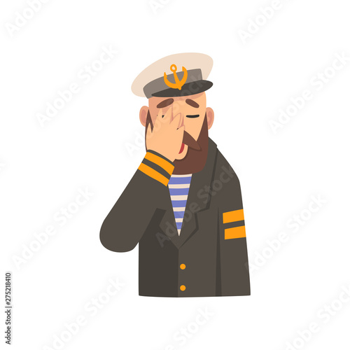 Bearded Man Covering His Face with Hand, Captaing Character in Blue Uniform Making Facepalm Gesture, Shame, Headache, Disappointment, Negative Emotion Vector Illustration