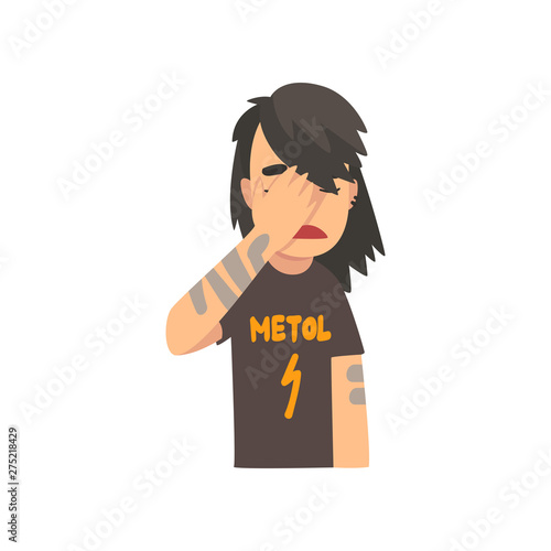 Girl with Tattoos Covering Her Face with Hand, Teen Girl Making Facepalm Gesture, Shame, Headache, Disappointment, Negative Emotion Vector Illustration