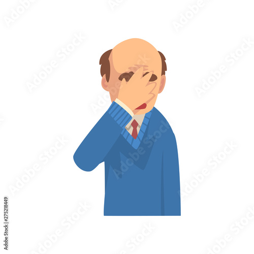 Businessman Covering His Face with Hand, Bald Man in Suit Making Facepalm Gesture, Shame, Headache, Disappointment, Negative Emotion Vector Illustration