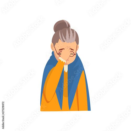 Senior Woman Covering Her Face with Hand, Grandma Making Facepalm Gesture, Shame, Headache, Disappointment, Negative Emotion Vector Illustration