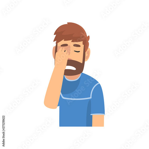 Disappointed Bearded Man Covering His Face with Hand, Guy Making Facepalm Gesture, Shame, Headache, Disappointment, Negative Emotion Vector Illustration