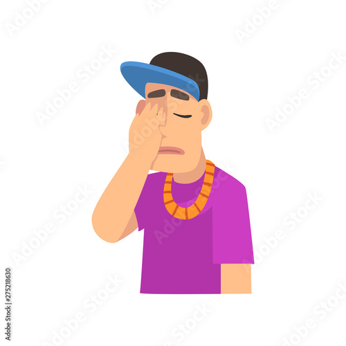 Cool Rapper Man Covering His Face with Hand, Guy Making Facepalm Gesture, Shame, Headache, Disappointment, Negative Emotion Vector Illustration