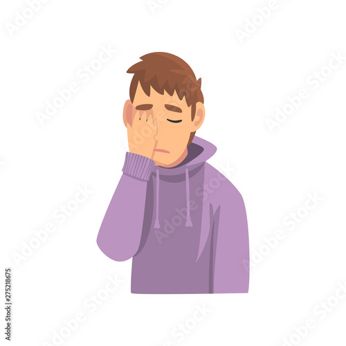Young Man Wearing Hoodie Covering His Face with Hand, Guy Making Facepalm Gesture, Shame, Headache, Disappointment, Negative Emotion Vector Illustration