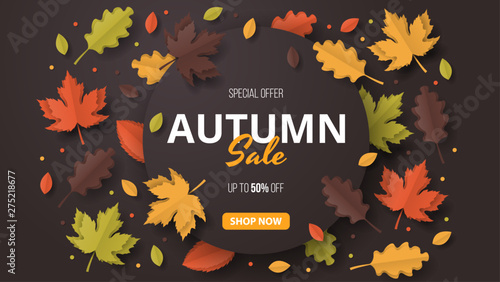 Autumn Sale Background. Folded Paper art. Vector illustration template