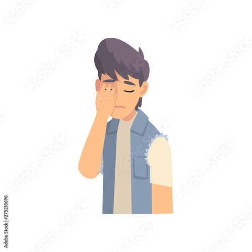 Guy Covering His Face with Hand, Fashionable Teen Boy Making Facepalm Gesture, Shame, Headache, Disappointment, Negative Emotion Vector Illustration