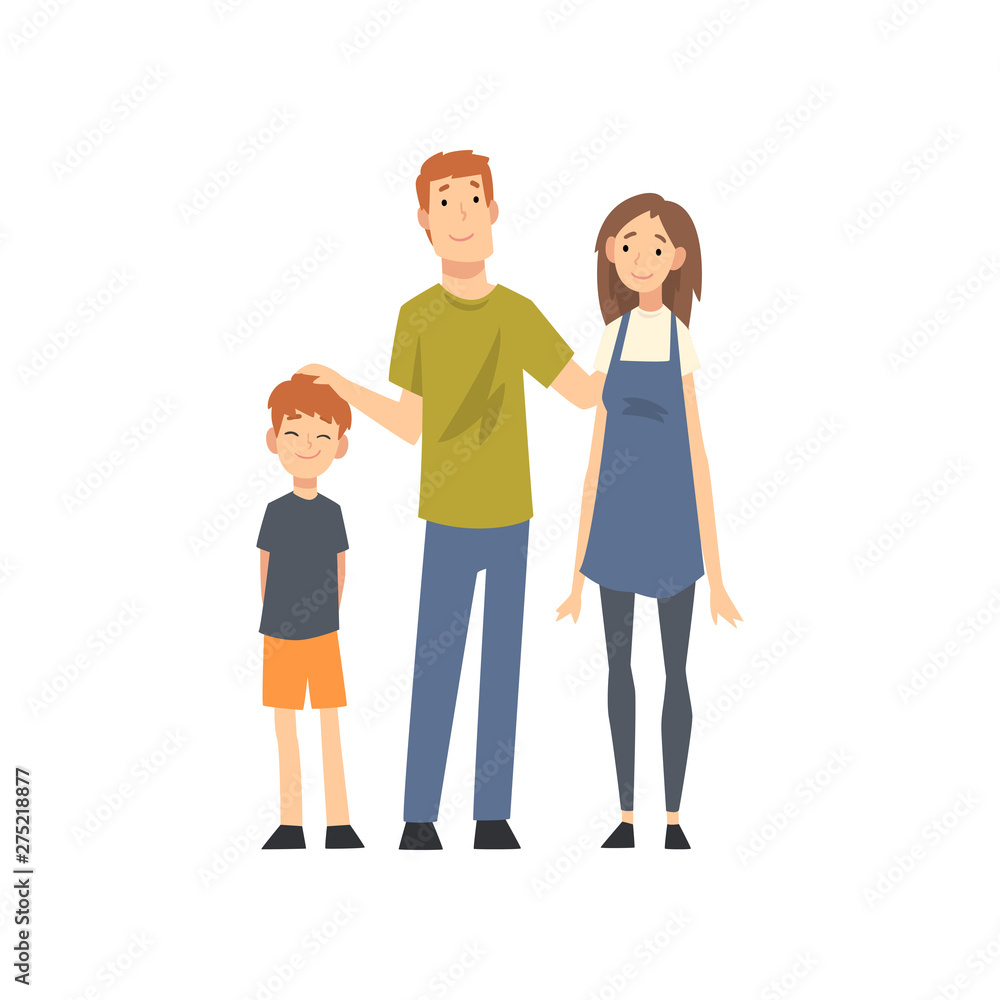 Fototapeta premium Smiling Mother, Father and Son, Happy Family with Child Cartoon Vector Illustration