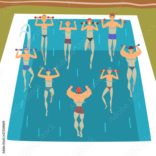 Men Making Aqua Gym Exercises with Dumbbells in Swimming Pool, People Doing Water Aerobics Exercises, Group Fitness Class Vector Illustration