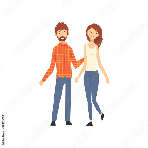 Happy Couple Standing and Holding Hands, Husband and Wife Vector Illustration