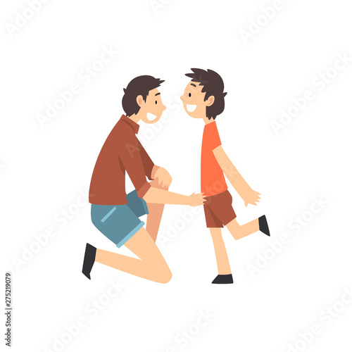 Dad and Son Spending Good Time Together, Father Kneeling before His Son, Happy Family Concept Cartoon Vector Illustration