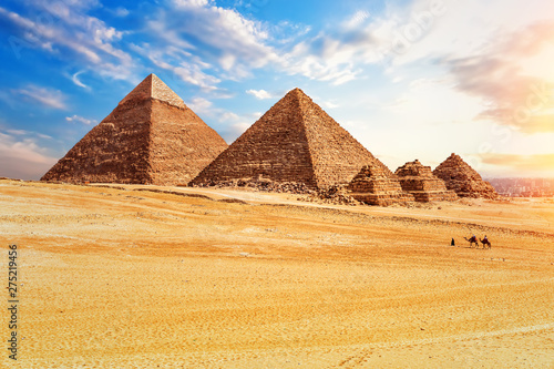 The Pyramids in the sunny desert of Giza, Egypt