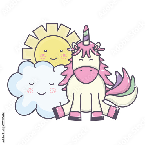 cute adorable unicorn and clouds and sun kawaii characters