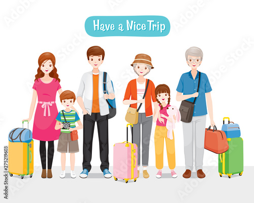 Family With Luggages Standing For Travel Together