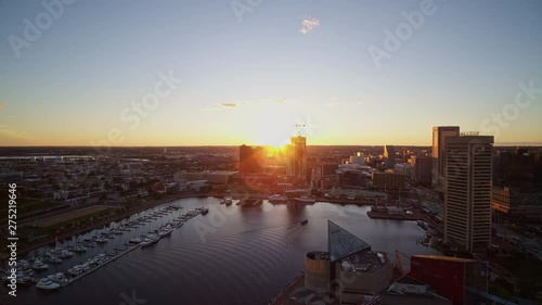 Baltimore Maryland Aerial v38 Sunset harbor cityscape flying over water - October 2017 photo