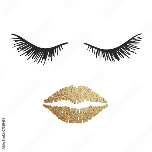 Eyelashes and lips. Beauty woman face with gold shiny lips. Luxury Make up concept. Design for Beauty Logo, icon for salon, poster, pillow, typography. Vector illustration