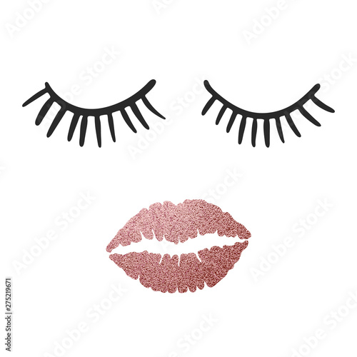 Eyelashes and lips. Beauty woman face with pink shiny lips. Luxury Make up concept. Design for Beauty Logo, icon for salon, poster, pillow, typography. Vector illustration