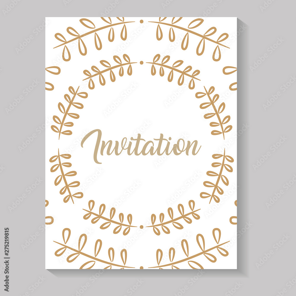 invitation card with leafs golden calligraphy