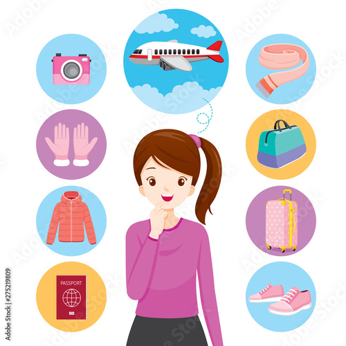 Woman With Icons Of Clothes And Necessities For Travel