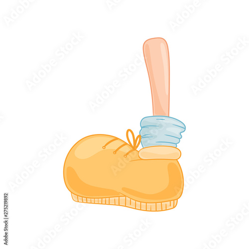 Cartoon foot in a yellow shoe and a blue sock. Vector illustration on white background.