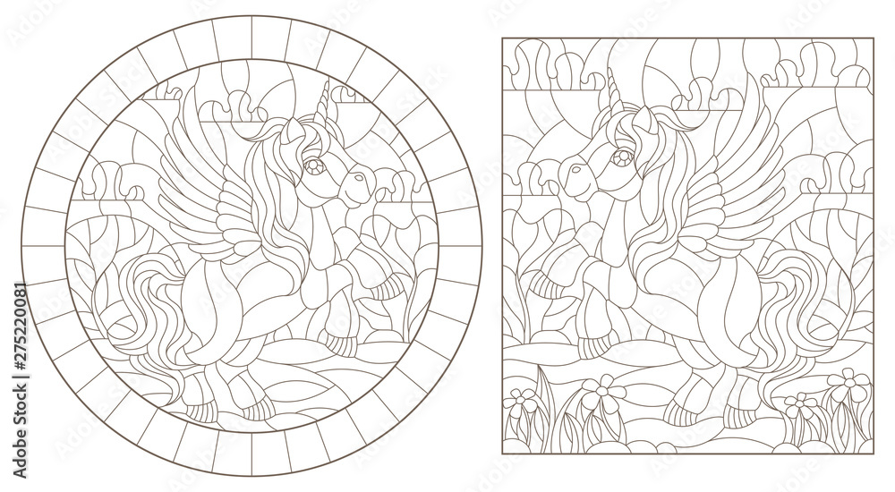 Illustration in stained glass style with unicorns on landscape background , oval picture in bright frame Illustration in stained glass style with unicorns on landscape background , oval picture in bright frame