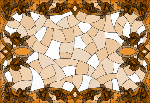 Illustration in stained glass style with a  intertwined roses on a light background, tone brown