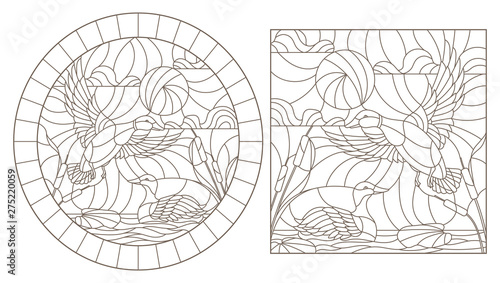 A set of contour illustrations of stained glass Windows with ducks on the background of the pond and the sky , dark contours on a white background