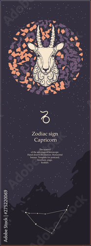 Zodiac sign Capricorn. The symbol of the astrological horoscope. Hand-drawn illustration. Vertical banner. Template for postcard, brochure, page, booklet.