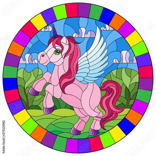 Illustration in stained glass style with pink cartoon unicorn on  background of  greenery and sky, oval image in bright frame 