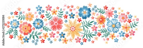 Horizontal pattern with colorful embroidered flowers on white background. Panoramic floral embroidery. photo