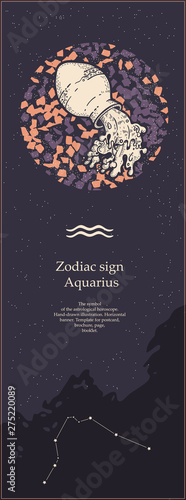 Zodiac sign Aquarius. The symbol of the astrological horoscope. Hand-drawn illustration. Vertical banner. Template for postcard, brochure, page, booklet.