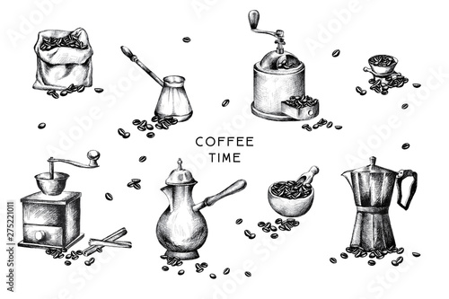 Traditional coffee brewing. Individual classic elements sketch kit on white background