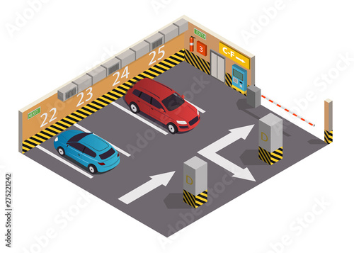 Vector isometric underground cars parking garage with empty parking space, fire shield and elevator door