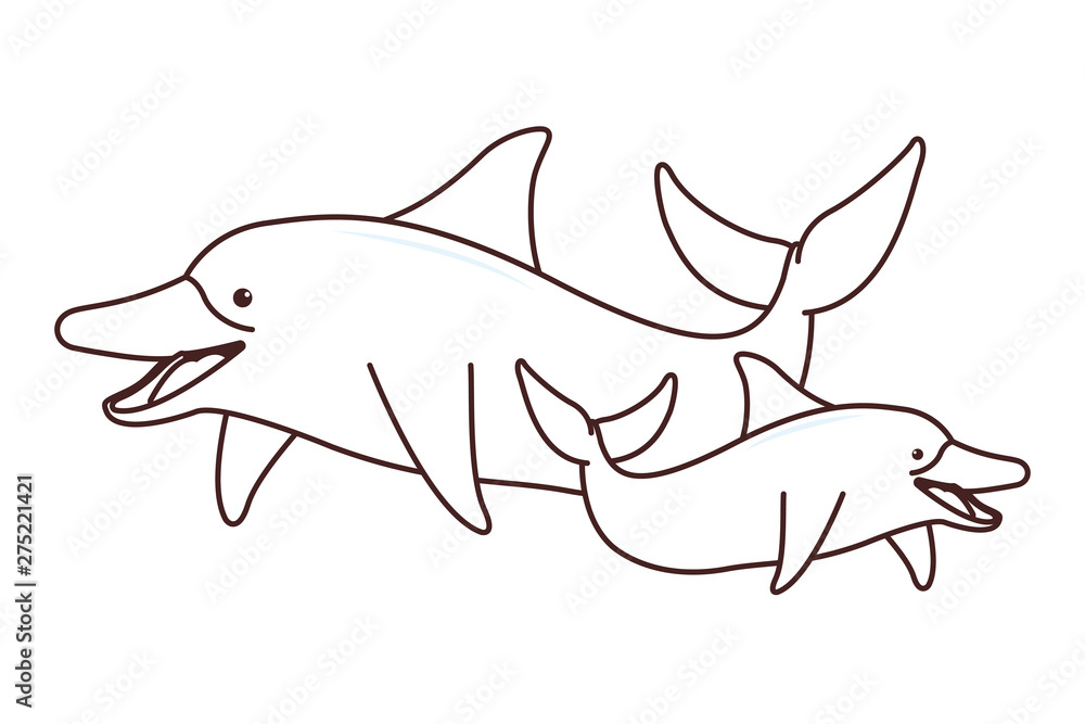 two dolphin swimming together icon in black and white two dolphin swimming together icon in black and white