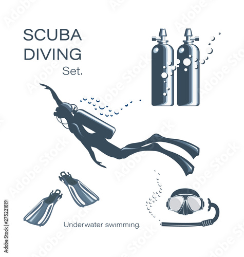 Scuba diver woman in wetsuit, scuba and accessories. Set of elements for diving. Underwater activities and sporting goods are isolated. Collection of equipment for scuba diving.