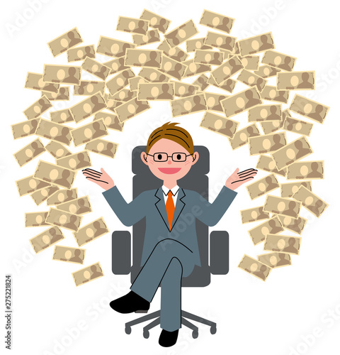 The young man who sits down on a chair and big money