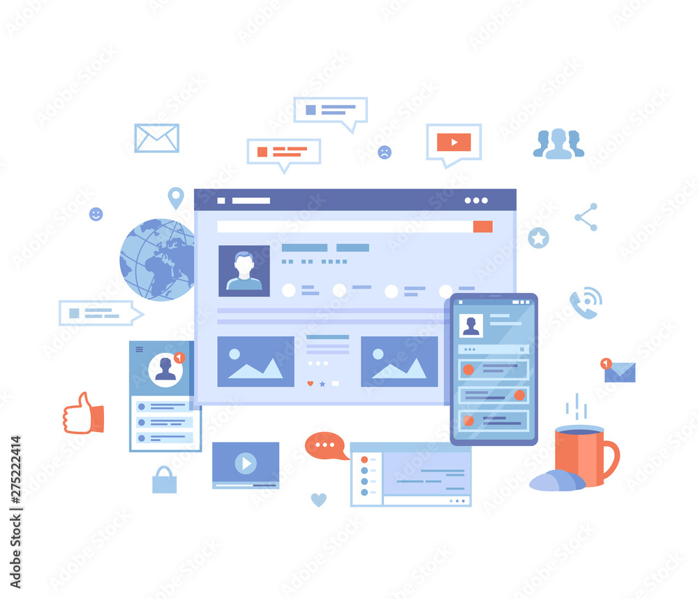 Social media network, online internet communication. Website page social Interface. Mobile and computer user screens, home page. Vector illustration on white background. Social media network, online internet communication. Website page social Interface. Mobile and computer user screens, home page. Vector illustration on white background.