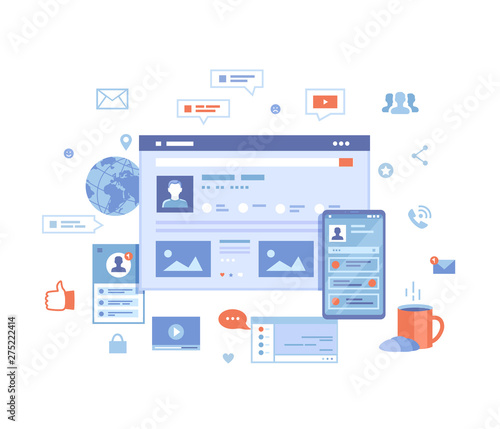 Social media network, online internet communication. Website page social Interface. Mobile and computer user screens, home page. Vector illustration on white background. 