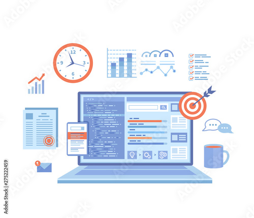 SEO Manager, Key Management, Content marketing. Coordinating and implementing search engine marketing programs. Laptop with web page and program code, icons. Vector illustration on white background. 