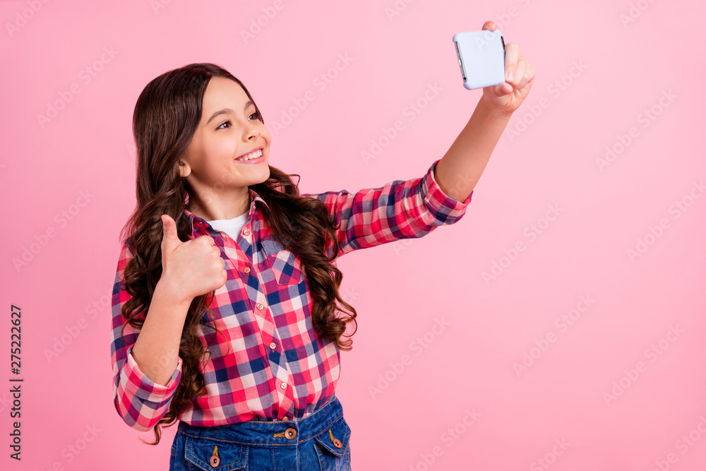 Portrait of cute attractive lady young video call live make photo weekend summer travell holidays cheerful excited fun dressed long haircut checked shirt pink background