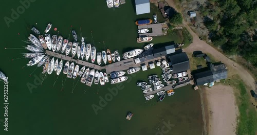 Aerial, birdseye, drone shot, above sailboats and yachts, anchored at a full harbor, on Hogsara Island, in the finnish archipelago, on a sunny, summer day, in Varsinais-suomi, Finland photo