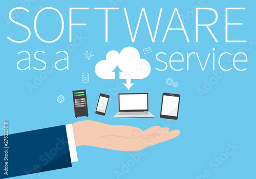 SaaS（サース）、software as a service、デバイスと手のイメージ、ベクターイラストレーション