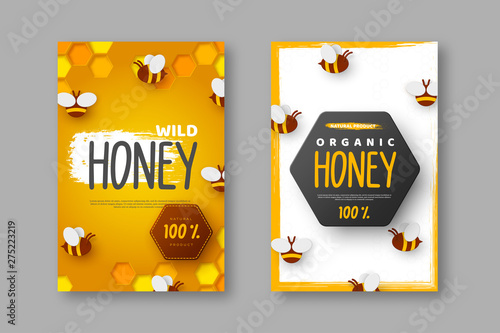 Paper cut style posters with bee and honeycomb. Typographic design for beekeeping and honey product. Vector illustration.