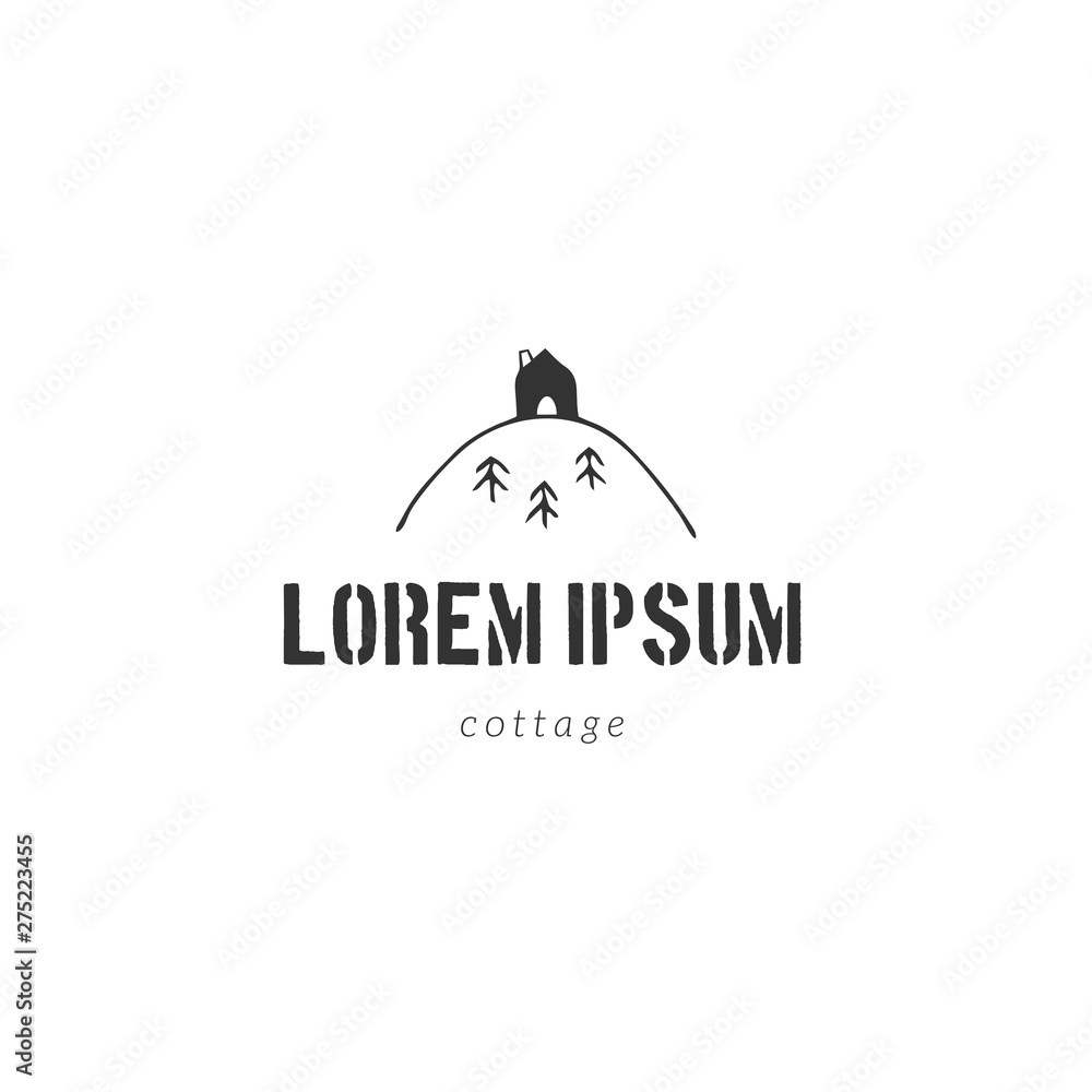 Hand drawn vector logo template with a house on the top of the mountain. Property rental theme. Hand drawn vector logo template with a house on the top of the mountain. Property rental theme.