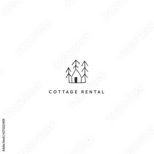 Hand drawn vector logo template, a house in a forest among the trees. Property rental theme.