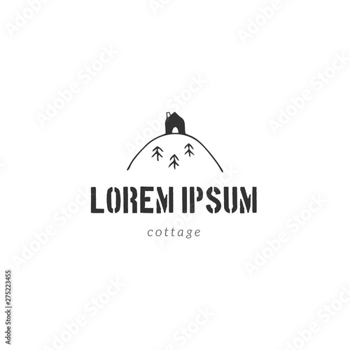 Hand drawn vector logo template with a house on the top of the mountain. Property rental theme.