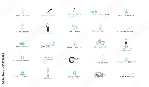 Creative Contest. Vector colored set of hand drawn icons. Premade logo templates.