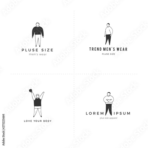Happy attractive overweight men. Body positive concept. Set of hand drawn vector icons with text.
